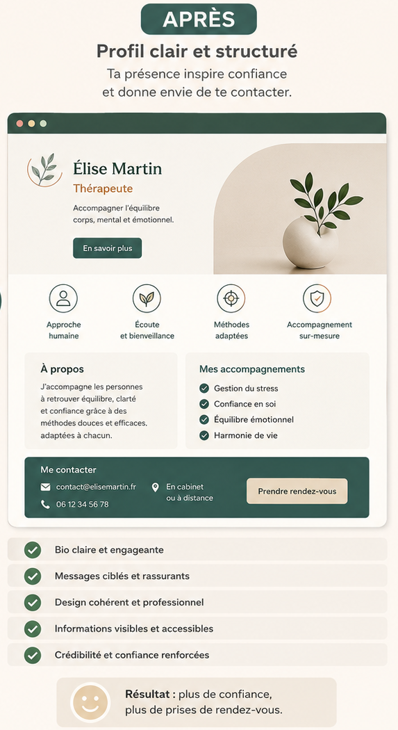 Présence thérapeute après optimisation — profil clair, message rassurant
