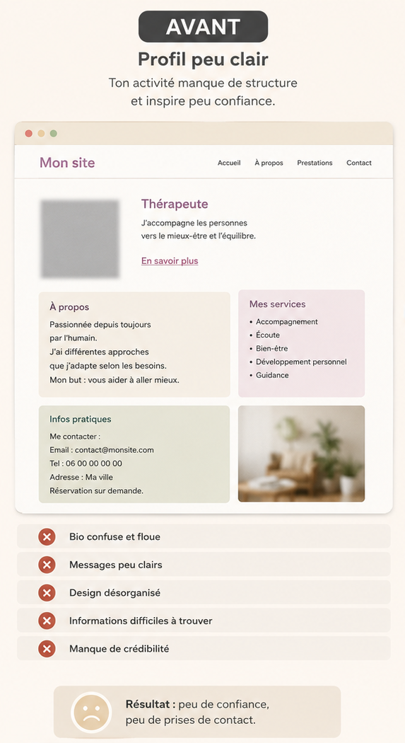 Présence thérapeute avant optimisation — profil flou, message peu clair