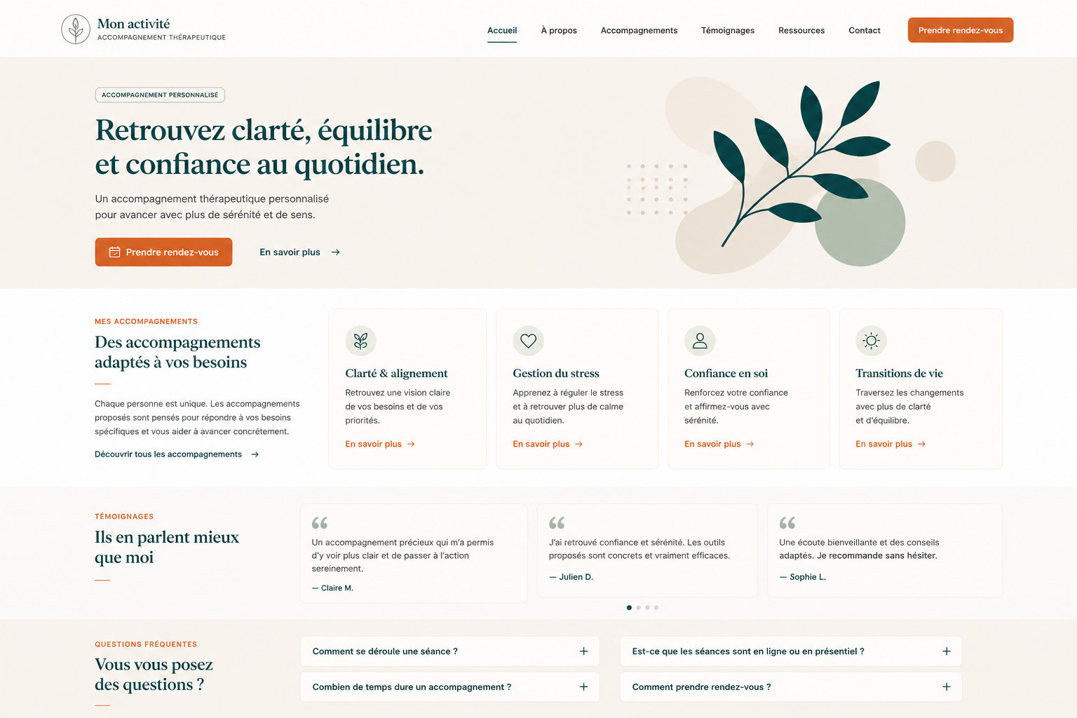 Exemples de page d'accueil site thérapeutes optimisée
